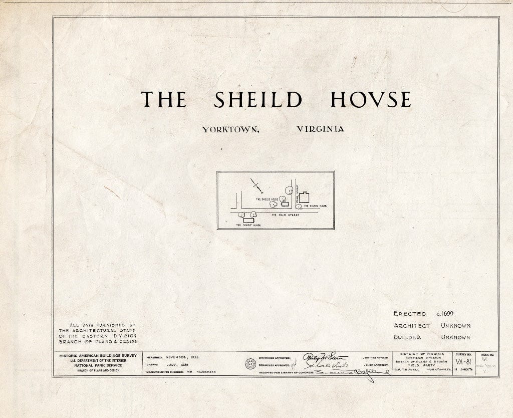 Blueprint HABS VA,100-YORK,7- (Sheet 0 of 11) - Sheild House, Pearl & Main Streets, Yorktown, York County, VA