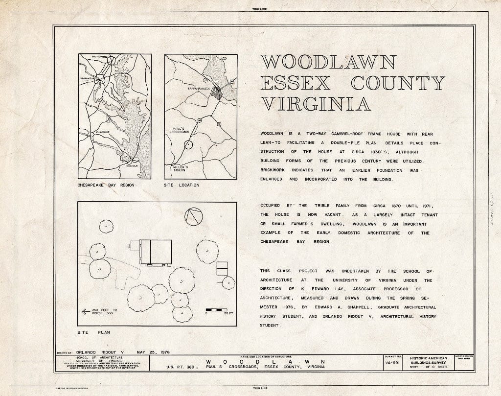 Blueprint Site Location and map, Statement of Significance - Woodlawn, U.S. Route 360, Pauls Crossroads, Essex County, VA
