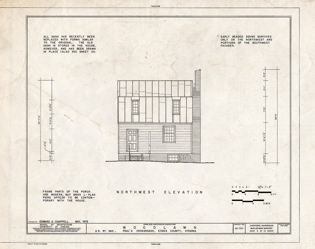 Blueprint Northwest Elevation - Woodlawn, U.S. Route 360, Pauls Crossroads, Essex County, VA
