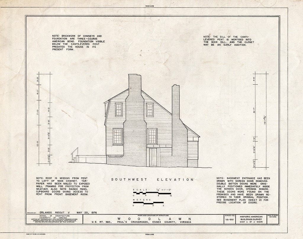 Blueprint Southwest Elevation - Woodlawn, U.S. Route 360, Pauls Crossroads, Essex County, VA