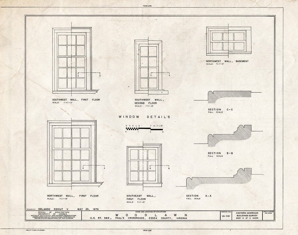 Blueprint Window Details - Woodlawn, U.S. Route 360, Pauls Crossroads, Essex County, VA