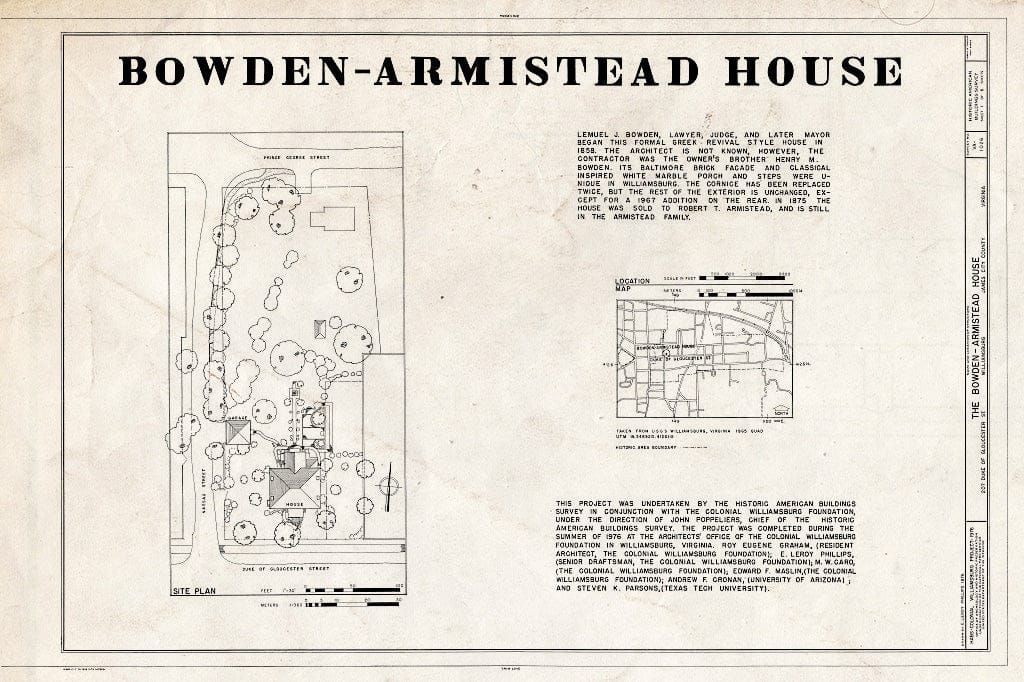 Blueprint HABS VA,48-WIL,64- (Sheet 1 of 6) - Bowden-Armistead House, 207 Duke of Gloucester Street, Williamsburg, Williamsburg, VA