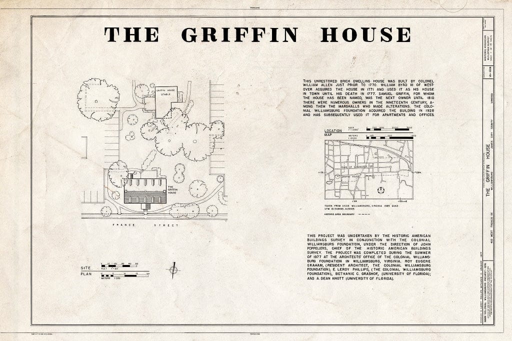 Blueprint HABS VA,48-WIL,62- (Sheet 1 of 10) - Griffin House, 410 West Francis Street, Williamsburg, Williamsburg, VA