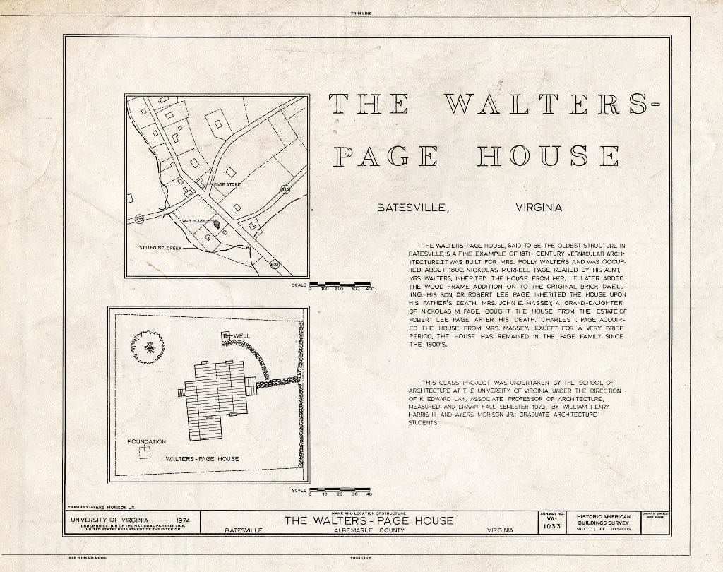 Blueprint HABS VA,2-BATE,2- (Sheet 1 of 10) - Walters-Page House, State Route 692, Opposite State Route 635, Batesville, Albemarle County, VA