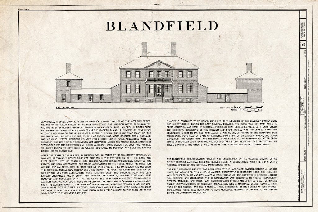 Blueprint HABS VA,29-CAR.V,1- (Sheet 1 of 21) - Blandfield, U.S. Route 17 & State Route 624, Caret, Essex County, VA