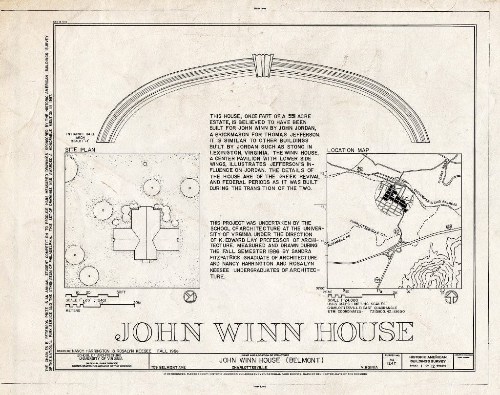 Blueprint HABS VA,2-Char,20- (Sheet 1 of 12) - John Winn House, 759 Belmont Avenue, Charlottesville, Charlottesville, VA