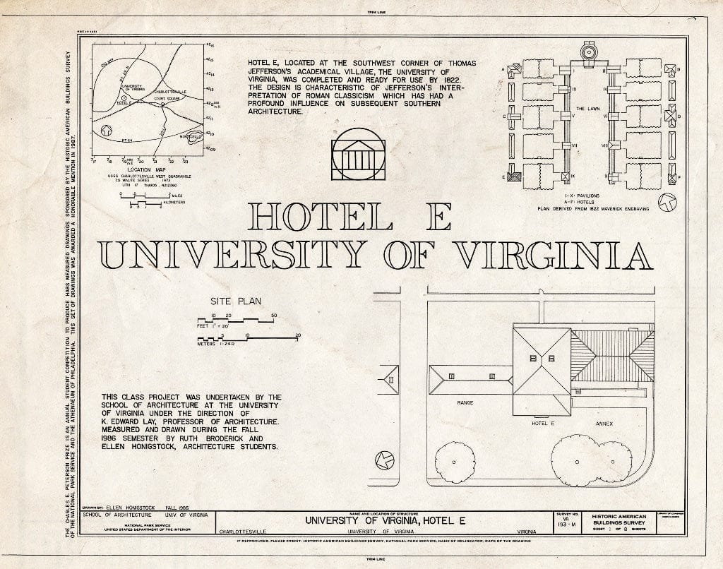 Blueprint HABS VA,2-Char,1Q- (Sheet 1 of 8) - University of Virginia, Hotel E, West Range, Charlottesville, Charlottesville, VA