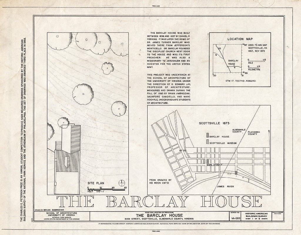 Blueprint HABS VA,2-Scots,7- (Sheet 1 of 9) - Barclay House, Main Street, Scottsville, Albemarle County, VA