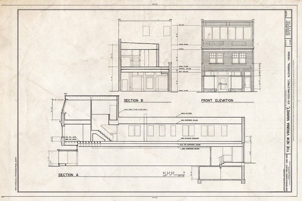 Blueprint Sections and Front Elevation - New Virginia Market, 1221-1223 King Street, Alexandria, Independent City, VA