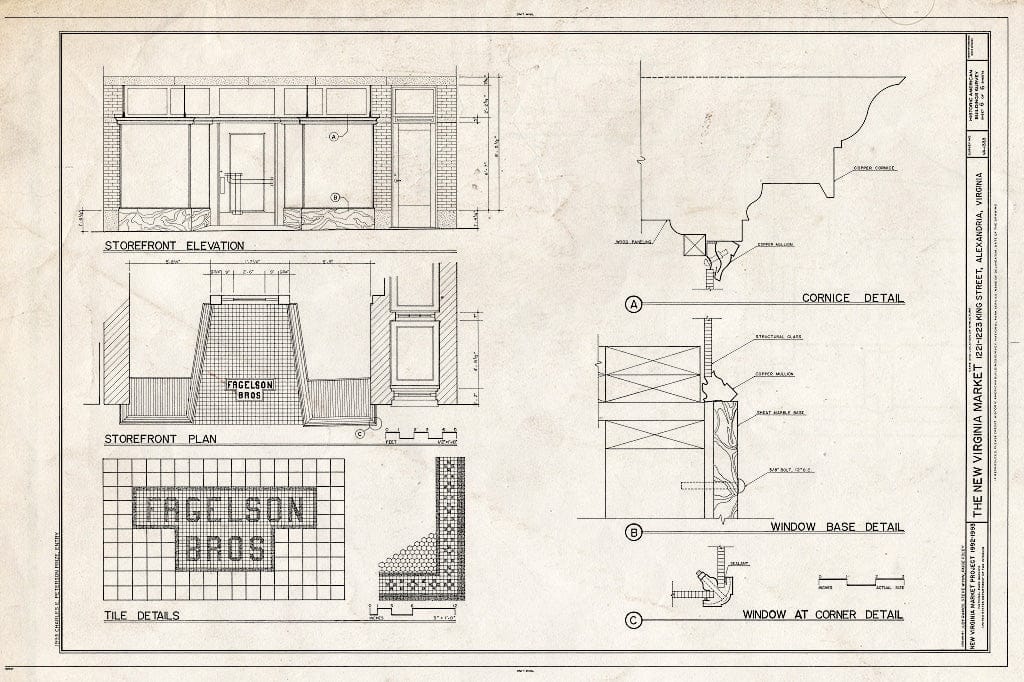 Blueprint Storefront Elevation and Plan, Tile Details, Cornice and Window Details - New Virginia Market, 1221-1223 King Street, Alexandria, Independent City, VA