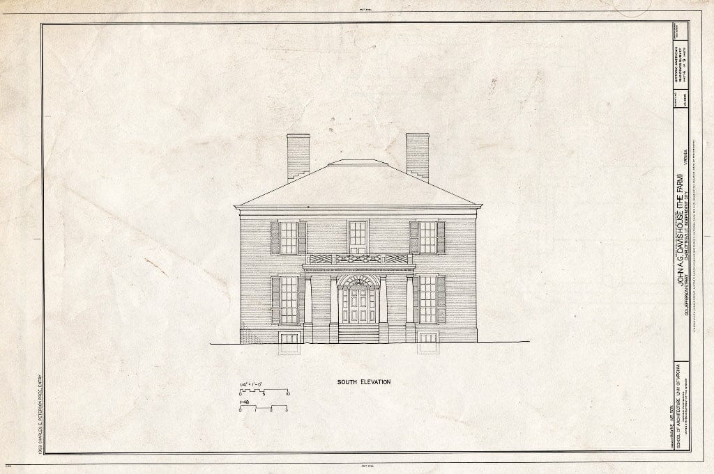 Blueprint South Elevation - John A. G. Davis House, 1201 Jefferson Street, Charlottesville, Charlottesville, VA