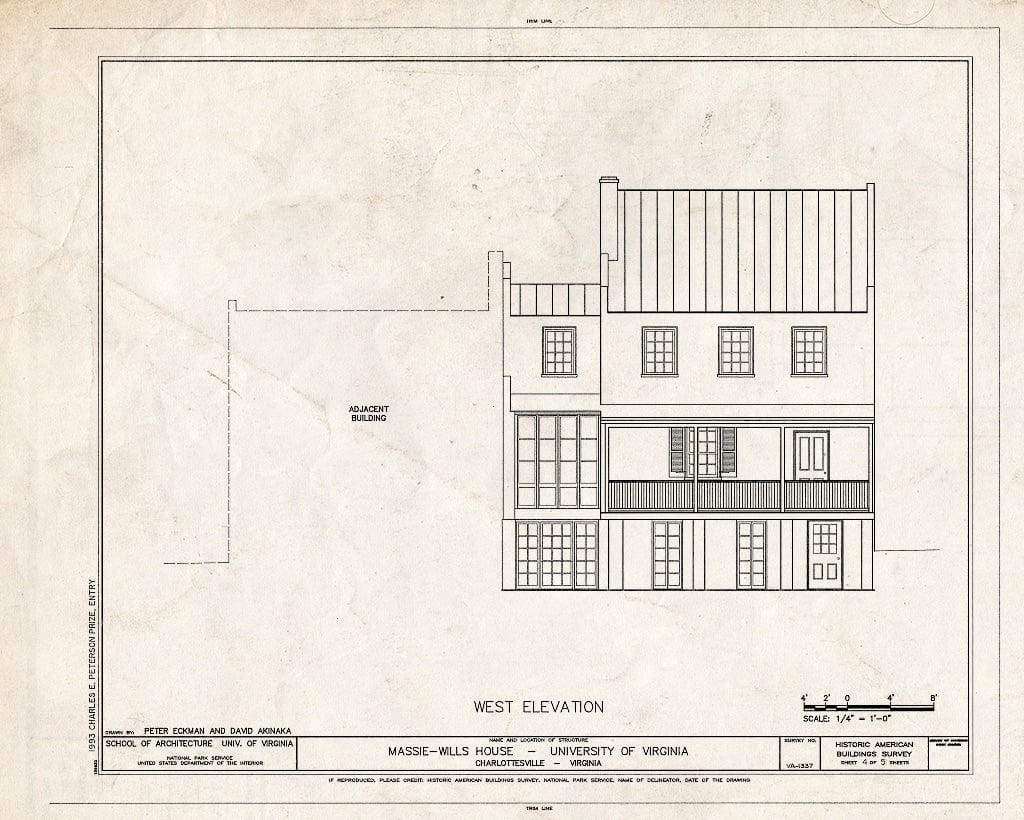 Blueprint West Elevation - Massie-Wills House, Fourth Street, Northeast, Charlottesville, Charlottesville, VA