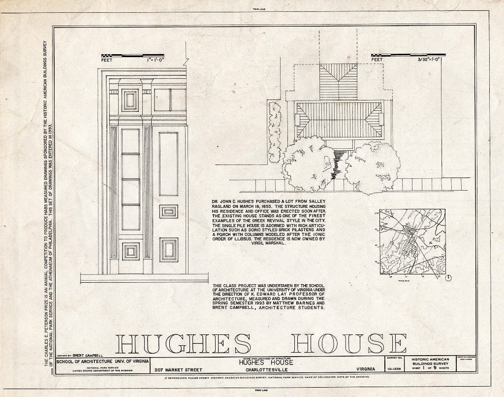 Blueprint Location map, site Plan, Door Detail, Statement of Significance - Hughes House, 307 Market Street, Charlottesville, Charlottesville, VA