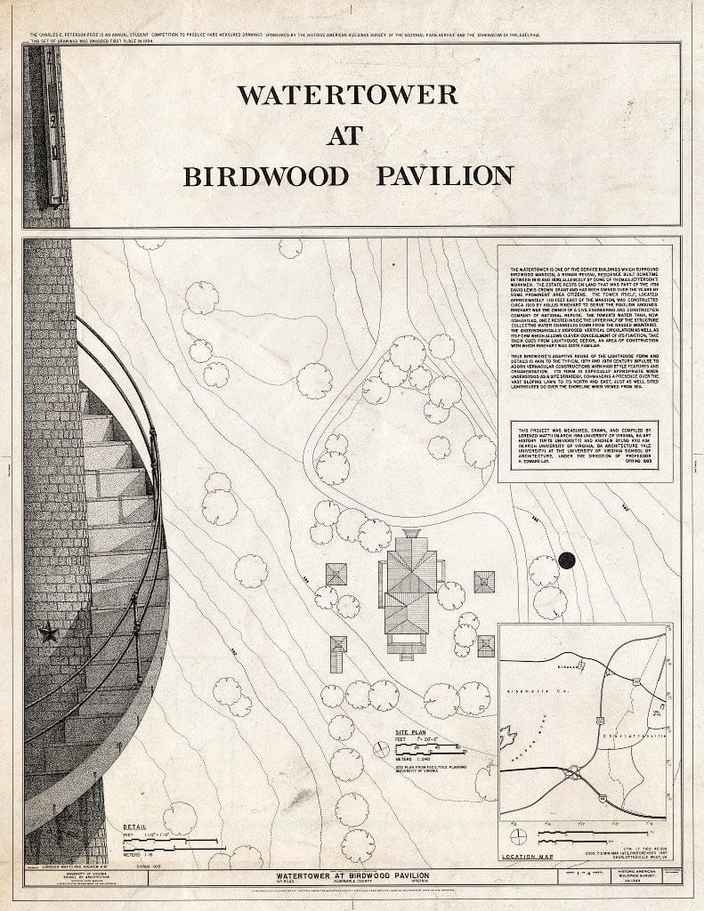 Blueprint Location map, site Plan, Statement of Significance - Watertower at Birdwood Pavilion, Ivy Road Off of U.S. Route 250 West, Charlottesville, Charlottesville, VA