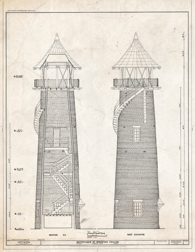 Blueprint West Elevation and Section - Watertower at Birdwood Pavilion, Ivy Road Off of U.S. Route 250 West, Charlottesville, Charlottesville, VA