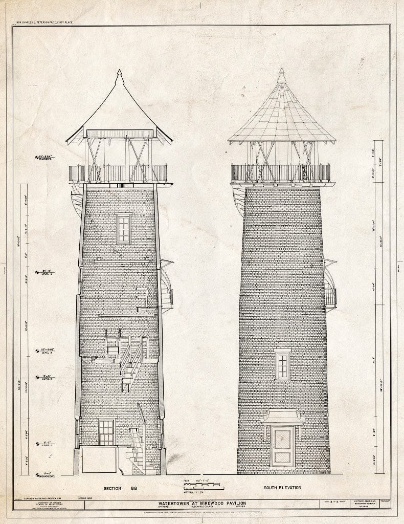 Blueprint South Elevation and Section - Watertower at Birdwood Pavilion, Ivy Road Off of U.S. Route 250 West, Charlottesville, Charlottesville, VA
