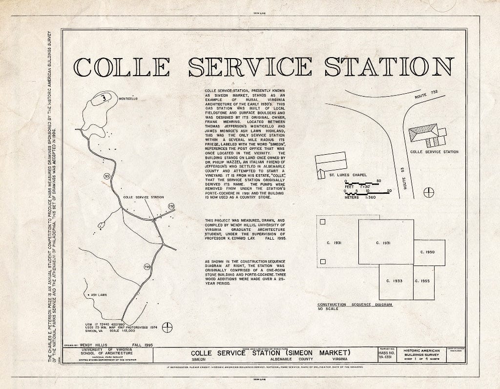 Blueprint Location map, site Plan, Construction Sequence Diagram, Statement of Significance - Colle Service Station, State Routes 732 & 53, Simeon, Albemarle County, VA