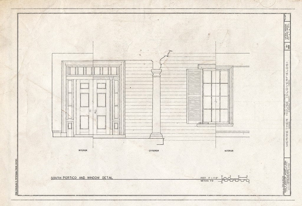 Blueprint South Portico and Window Detail - Meriwether House, Keswick, Albemarle County, VA
