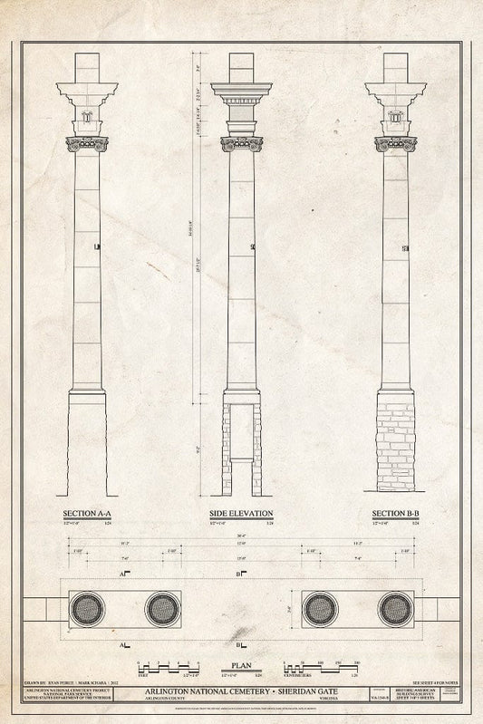 Blueprint 3. Sections & Side Elevation - Arlington National Cemetery, Sheridan Gate, Arlington, Arlington County, VA