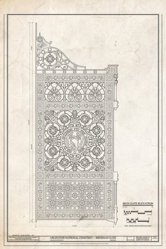 Blueprint 5. Iron Gate Elevation - Arlington National Cemetery, Sheridan Gate, Arlington, Arlington County, VA