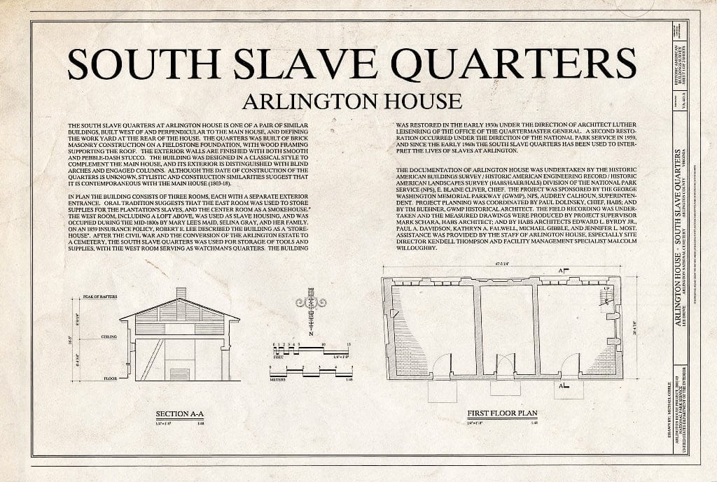 Blueprint HABS VA-443-A (Sheet 1 of 2) - Arlington House, South Slave Quarters, Lee Drive, Arlington National Cemetery, Arlington, Arlington County, VA