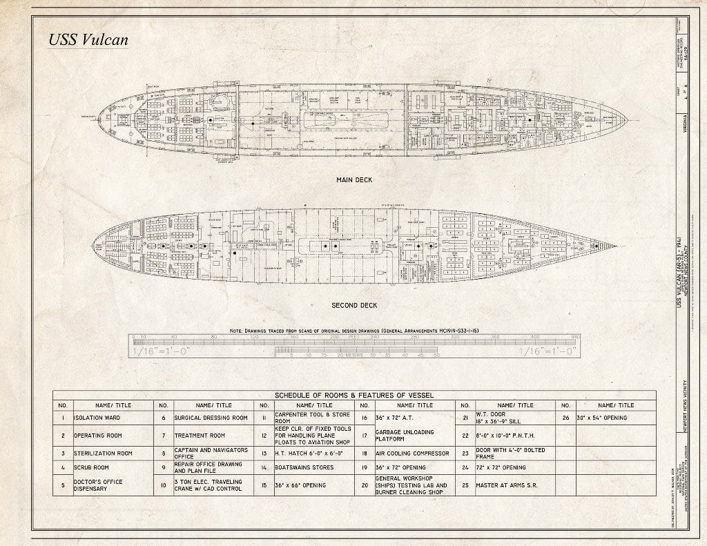 Blueprint Plans: Main Deck, Second Deck - USS Vulcan, James River Reserve Fleet, Newport News, Newport News, VA