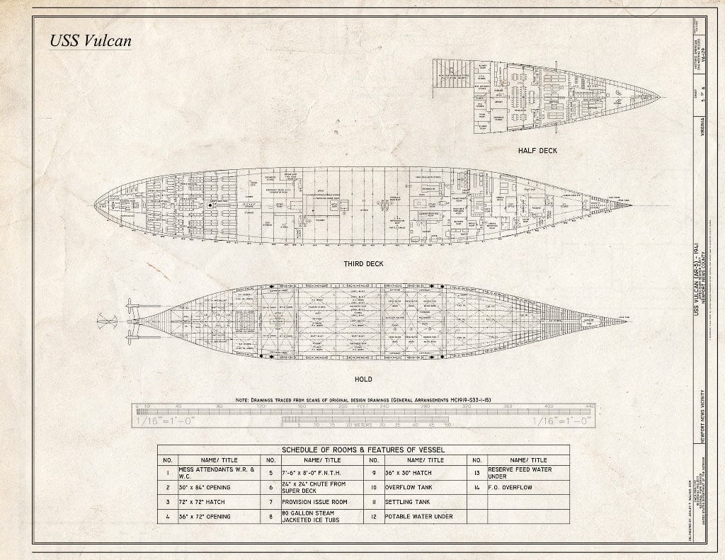 Blueprint Plans: Half Deck, Third Deck, Hold - USS Vulcan, James River Reserve Fleet, Newport News, Newport News, VA