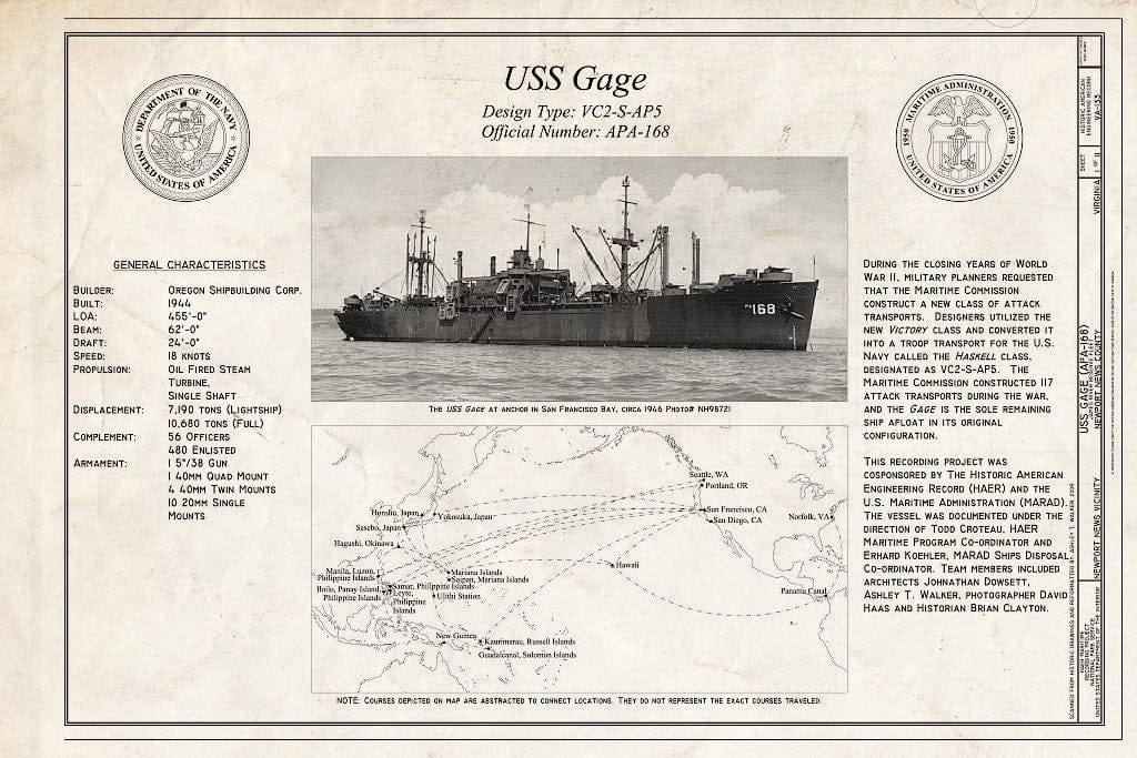 Blueprint Title Sheet - USS Gage, James River Reserve Fleet, Newport News, Newport News, VA