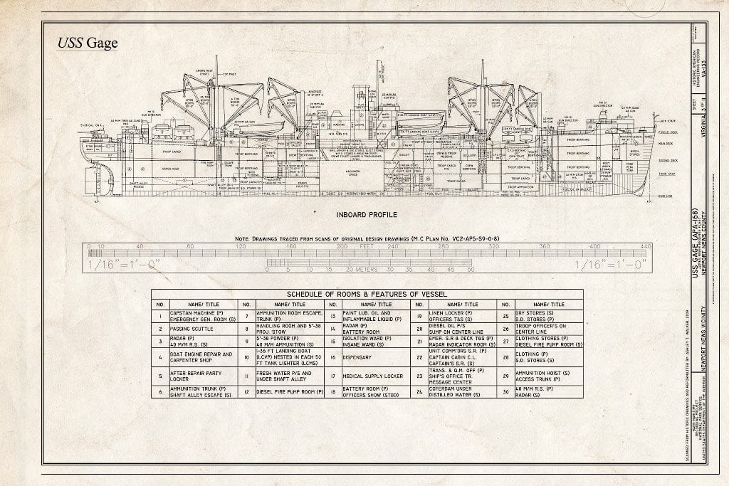 Blueprint Inboard Profile, Schedule of Rooms & Features of Vessel - USS Gage, James River Reserve Fleet, Newport News, Newport News, VA