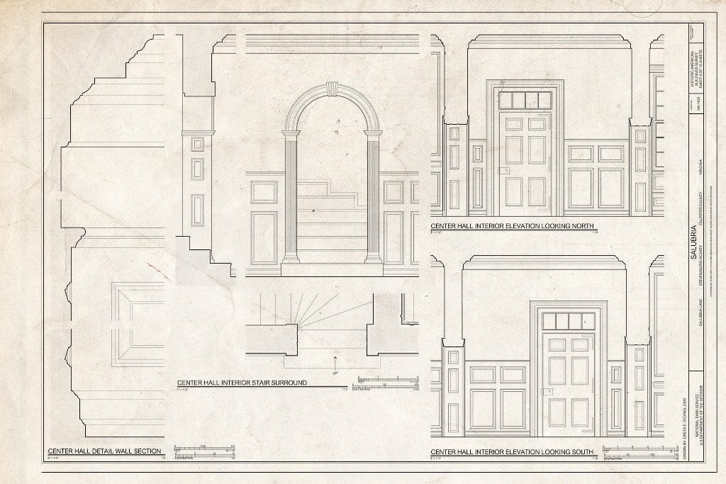 Blueprint Interior elevations, Wall Section, and Stair Surround in Center Hall - Salubria, Salubria Lane, Stevensburg, Culpeper County, VA