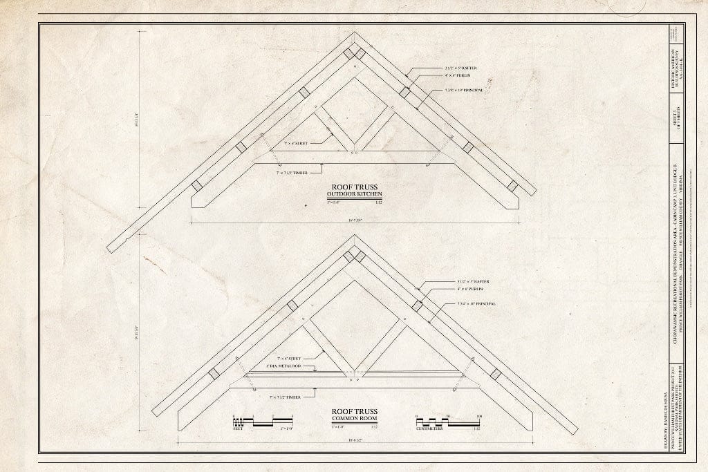 Blueprint roof Truss Details - Chopawamsic Recreational Demonstration Area - Cabin Camp 1, Unit Lodge B, Prince William Forest Park, Triangle, Prince William County, VA