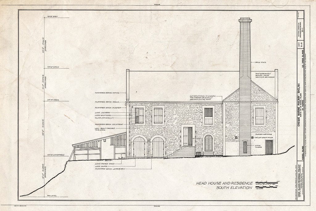 Blueprint Head House and Residence, South Elevation - Creque Marine Railway, Charlotte Amalie, St. Thomas, VI