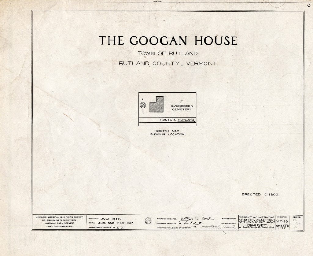 Blueprint HABS VT,11-RUT,2- (Sheet 0 of 17) - Googan House, Rutland, Rutland County, VT