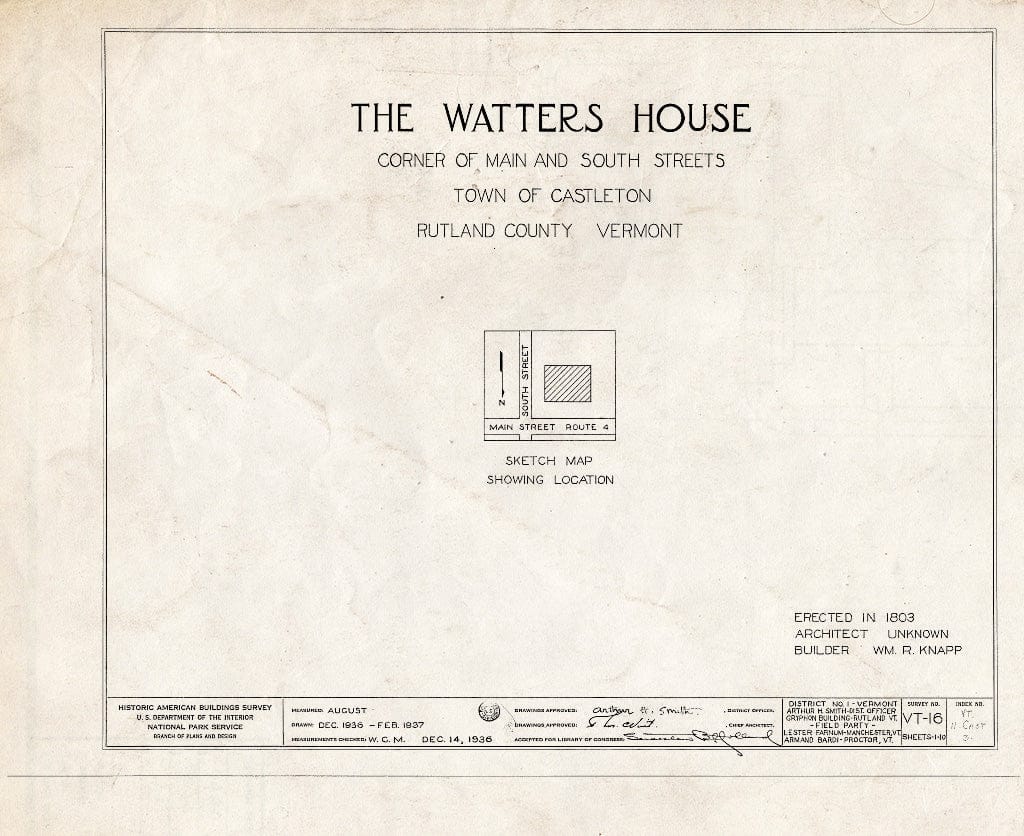Blueprint HABS VT,11-CAST,3- (Sheet 0 of 10) - Watters House, Main & South Streets, Castleton, Rutland County, VT
