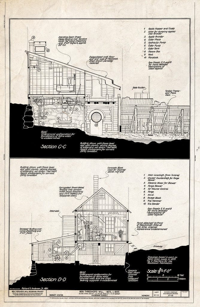 Blueprint Section C-C, Section D-D - Ben Thresher's Mill, State Aid No. 1, Barnet, Caledonia County, VT