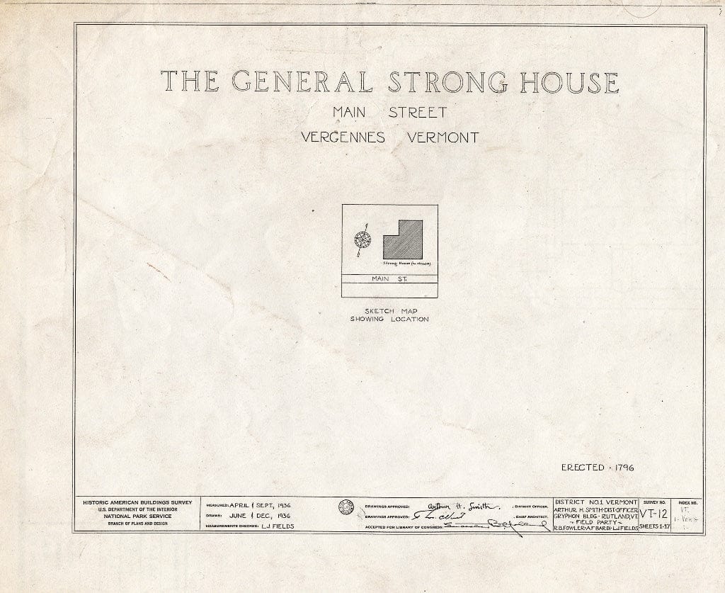 Blueprint HABS VT,1-VERG,1- (Sheet 0 of 17) - General Samuel Strong House, North Side of West Main Street, Vergennes, Addison County, VT