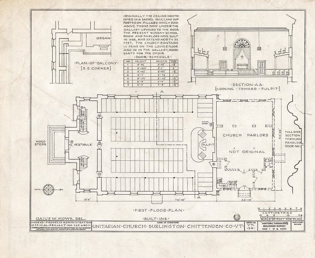 Blueprint HABS VT,4-BURL,1- (Sheet 1 of 6) - First Congregational Society Church, Pearl Street & Elmwood Avenue, Burlington, Chittenden County, VT
