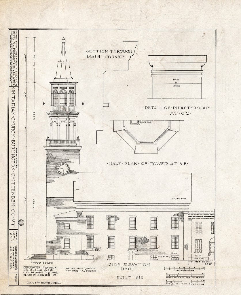 Blueprint HABS VT,4-BURL,1- (Sheet 3 of 6) - First Congregational Society Church, Pearl Street & Elmwood Avenue, Burlington, Chittenden County, VT