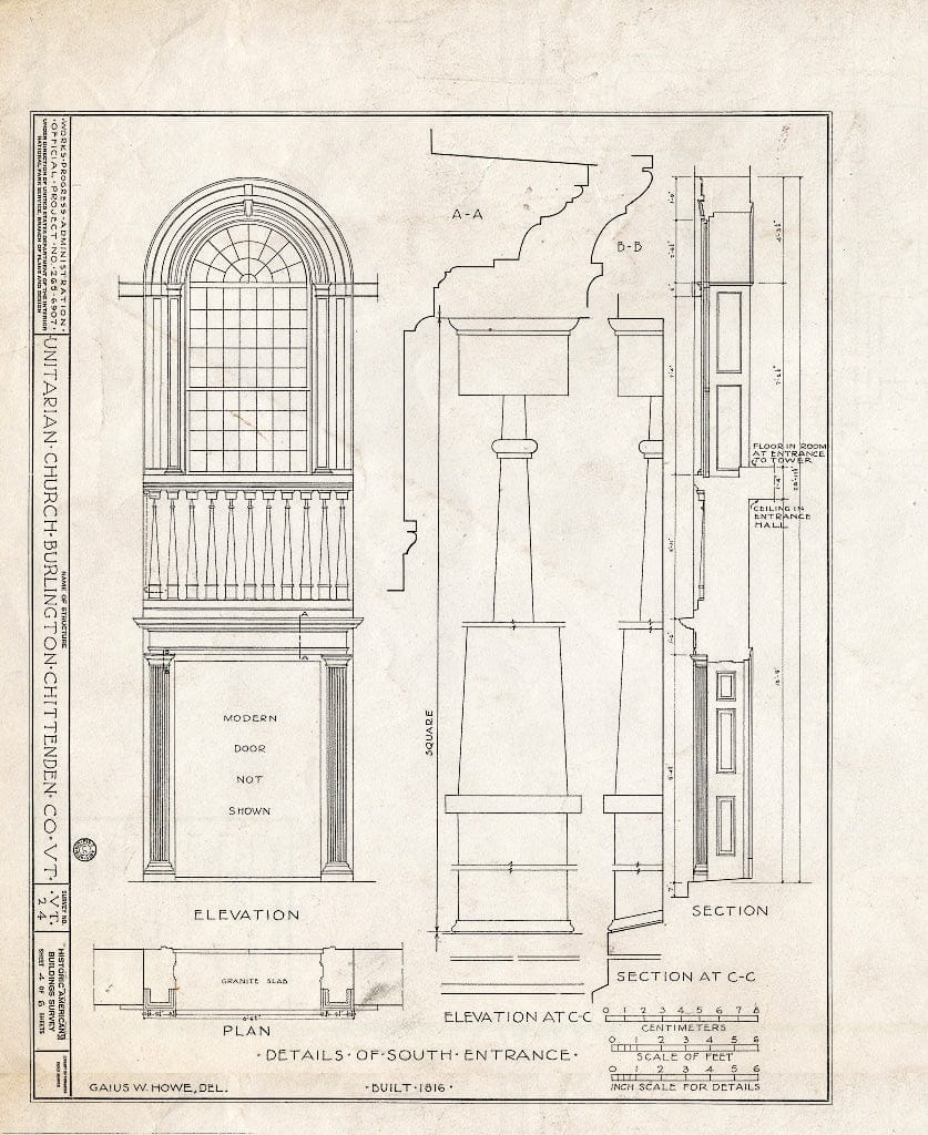Blueprint HABS VT,4-BURL,1- (Sheet 4 of 6) - First Congregational Society Church, Pearl Street & Elmwood Avenue, Burlington, Chittenden County, VT