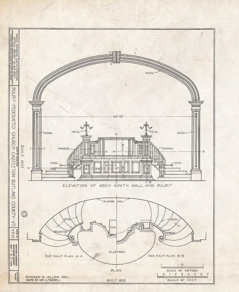 Blueprint HABS VT,11-CAST,4- (Sheet 1 of 3) - Congregational Church of Christ in Castleton, North Side of Main Street, Castleton, Rutland County, VT