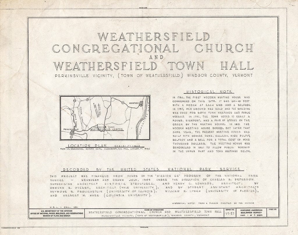 Blueprint HABS VT,14-PERK.V,1- (Sheet 1 of 5) - Weathersfield Congregational Church & Town Hall, Weathersfield Center, Perkinsville, Windsor County, VT