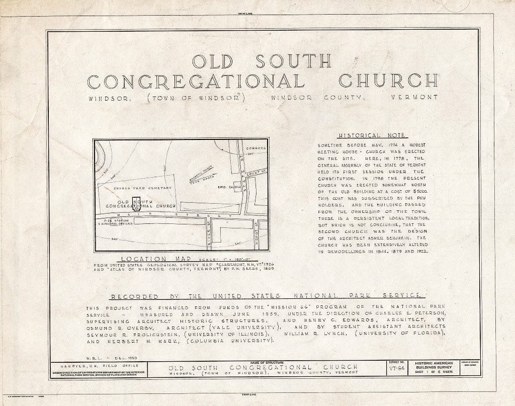 Blueprint HABS VT,14-Wind,7- (Sheet 1 of 5) - Old South Congregational Church, Main Street, Windsor, Windsor County, VT