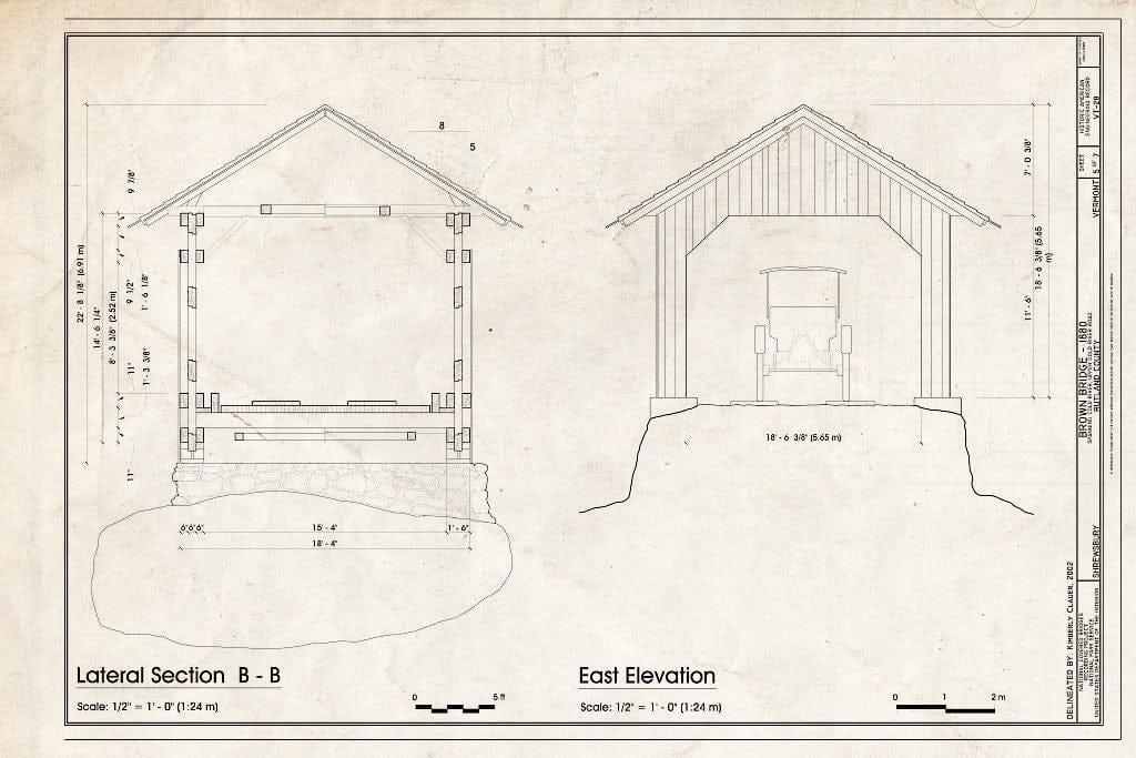 Blueprint Lateral Section B-B; East Elevation - Brown Bridge, Spanning Cold River, Upper Cold River Road, Shrewsbury, Rutland County, VT