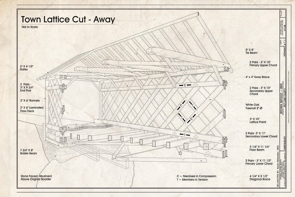 Blueprint Town Lattice Cut-Away - Brown Bridge, Spanning Cold River, Upper Cold River Road, Shrewsbury, Rutland County, VT