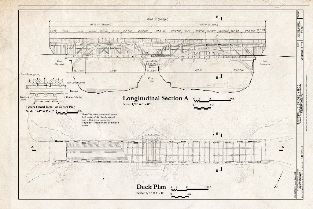 Blueprint Longitudinal Section A; Deck Plan - Taftsville Bridge, Spanning Ottaquechee River, Taftsville Bridge Road, Taftsville, Windsor County, VT