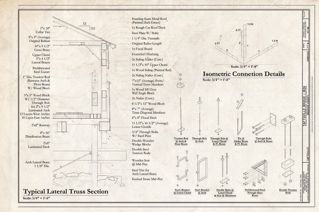 Blueprint Typical Lateral Truss Section; Isometric Connection Details - Taftsville Bridge, Spanning Ottaquechee River, Taftsville Bridge Road, Taftsville, Windsor County, VT