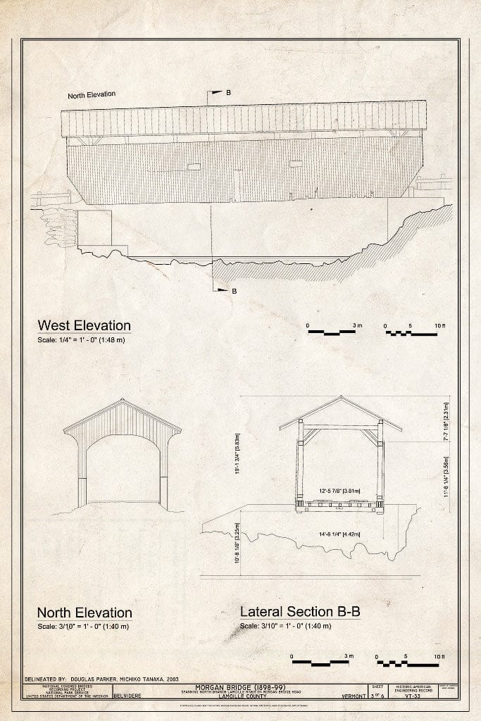 Blueprint West Elevation; North Elevation; Lateral Section B-B - Morgan Bridge, Spanning North Branch Lamoille River on Morgan Bridge Road, Belvidere Junction, Lamoille County, VT