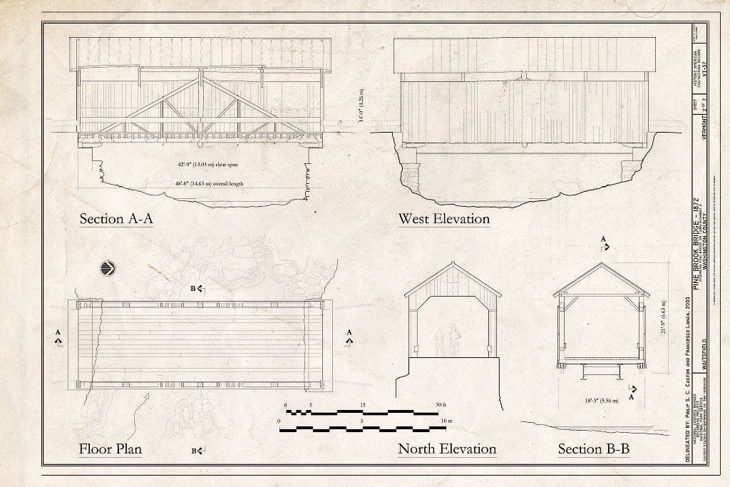 Blueprint Section A-A; West Elevation; Floor Plan; North Elevation; Section B-B - Pine Brook Bridge, Spanning Pine Brook on Town Highway 3, Fayston, Washington County, VT