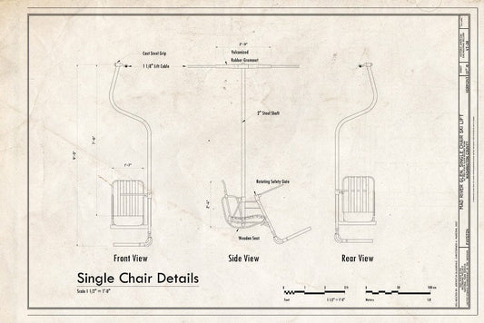 Blueprint Single Chair Details; Front View, Side View, Rear View - Mad River Glen, Single Chair Ski Lift, 62 Mad River Glen Resort Road, Fayston, Washington County, VT
