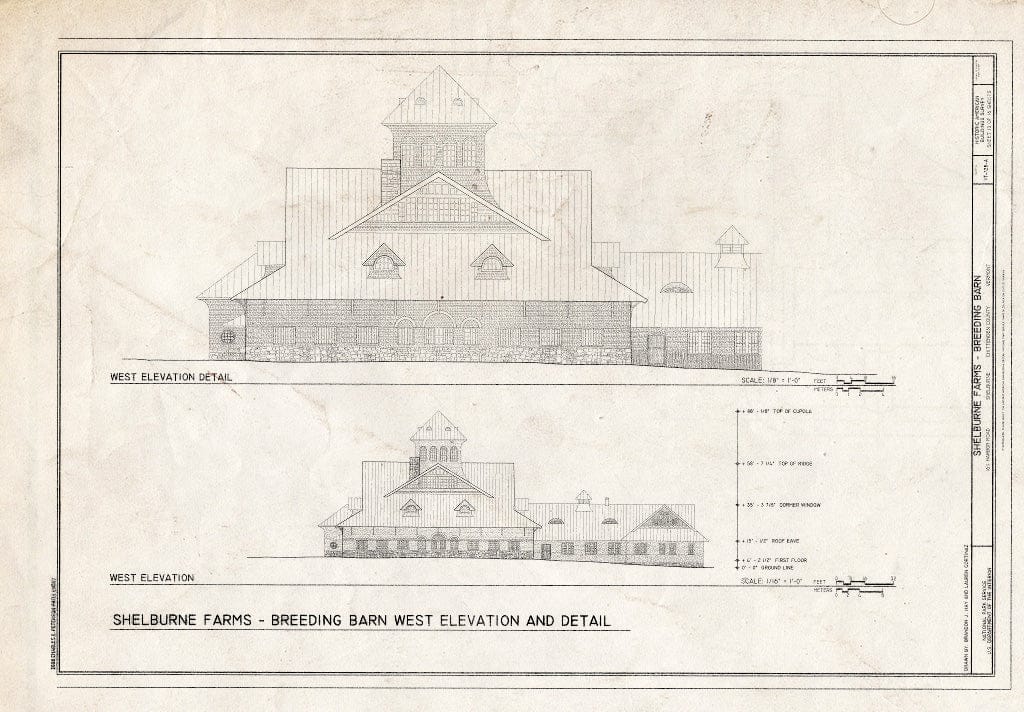 Blueprint West Elevation and Detail - Shelburne Farms, Breeding Barn, 1611 Harbor Road, Shelburne, Chittenden County, VT